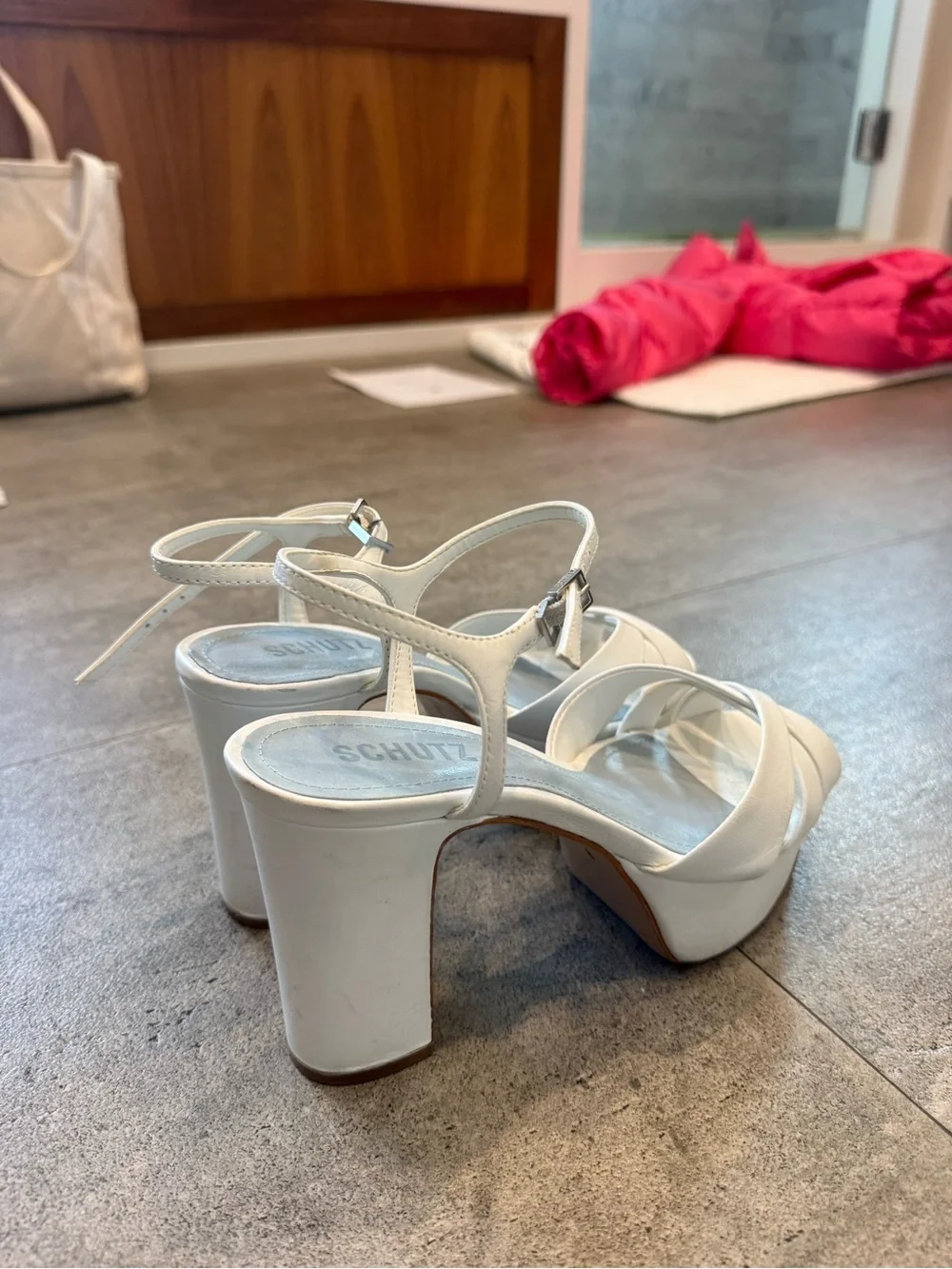 SCHUTZ White Platform Slingback Sandals with Blue Insole